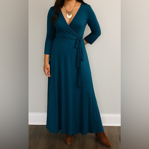 SHIEN Dark Teal Semi Sheer Faux Wrap Maxi Dress Size L - Picture 1 of 9
